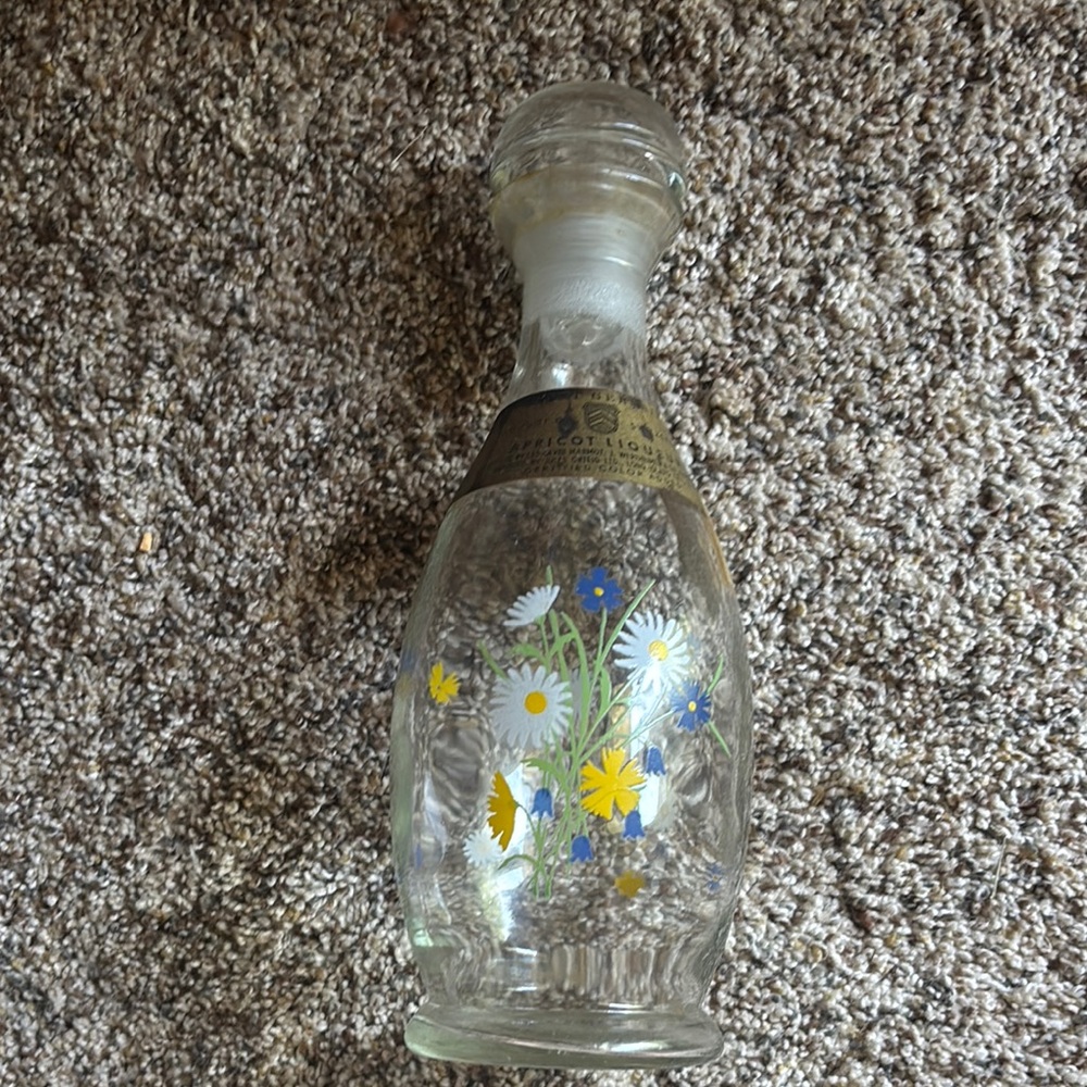 Vintage Floral Glass Decanter with Blue and Yellow Accents